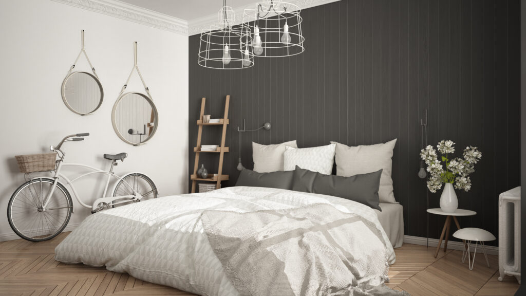 testata letto con carta da parati materica effetto legno