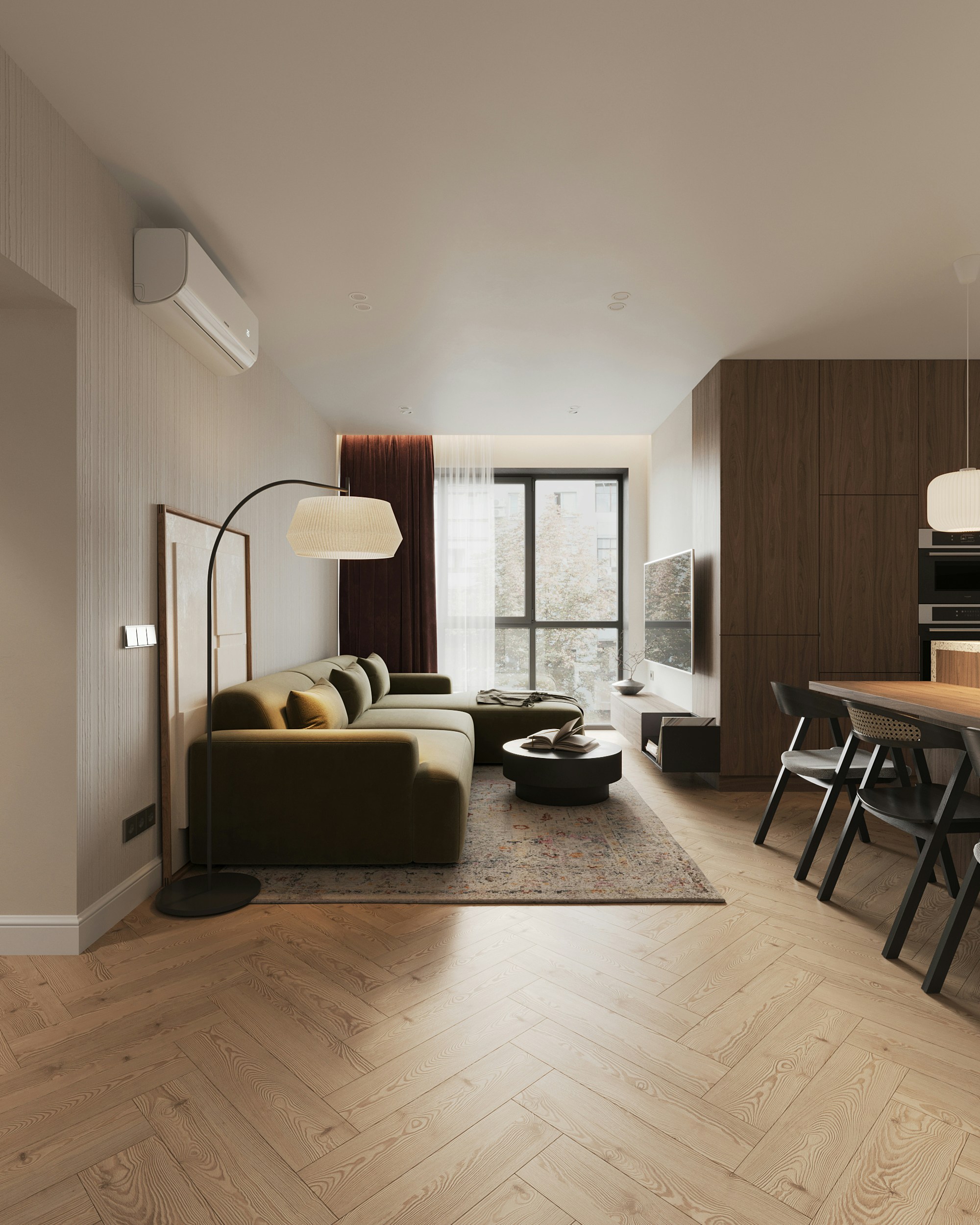 soggiorno stile scandinavo con divano verde e pavimento SPC legno