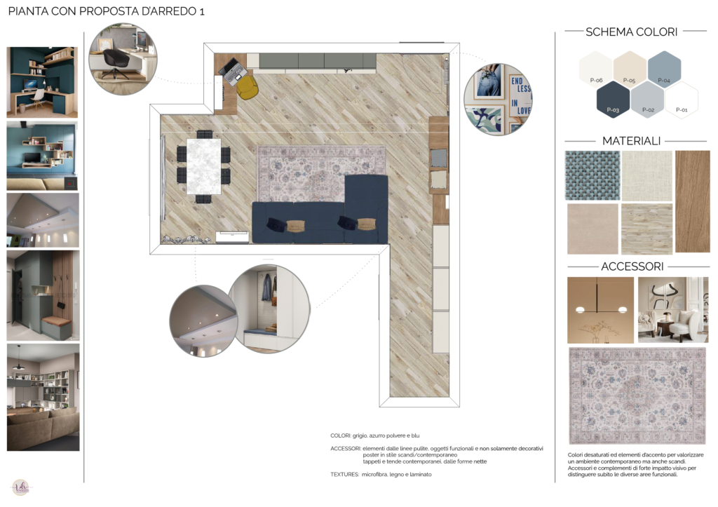 pianta e moodboard del progetto di restyling soggiorno