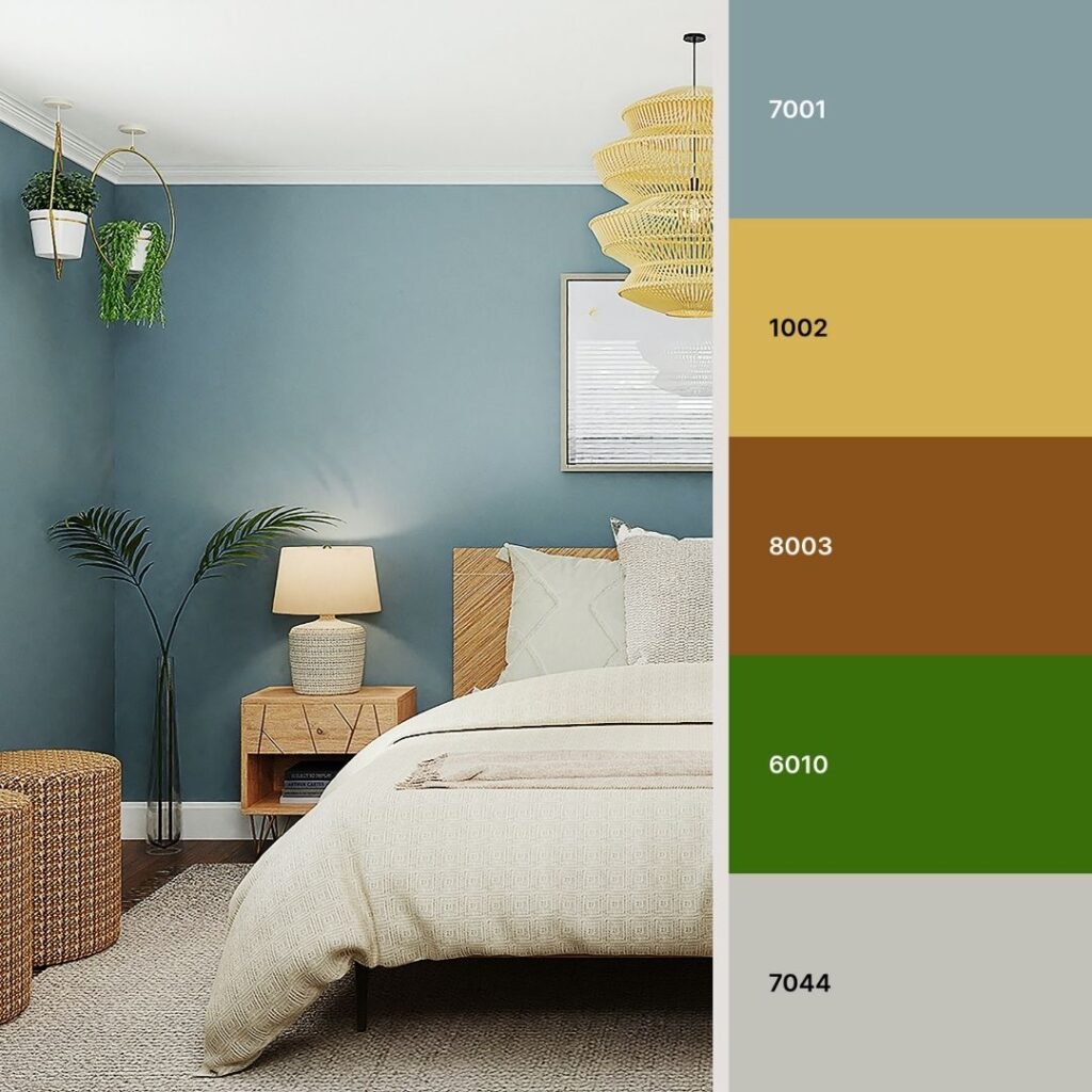 Abbinamenti-colori-pareti-camera-da-letto-in-azzurro-legno-rovere-chiaro-e-tessili-naturali
