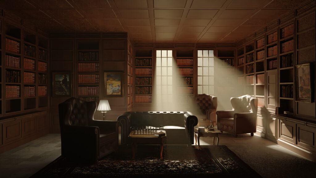 divano e poltrone Chesterfield in biblioteca in stile country Inglese