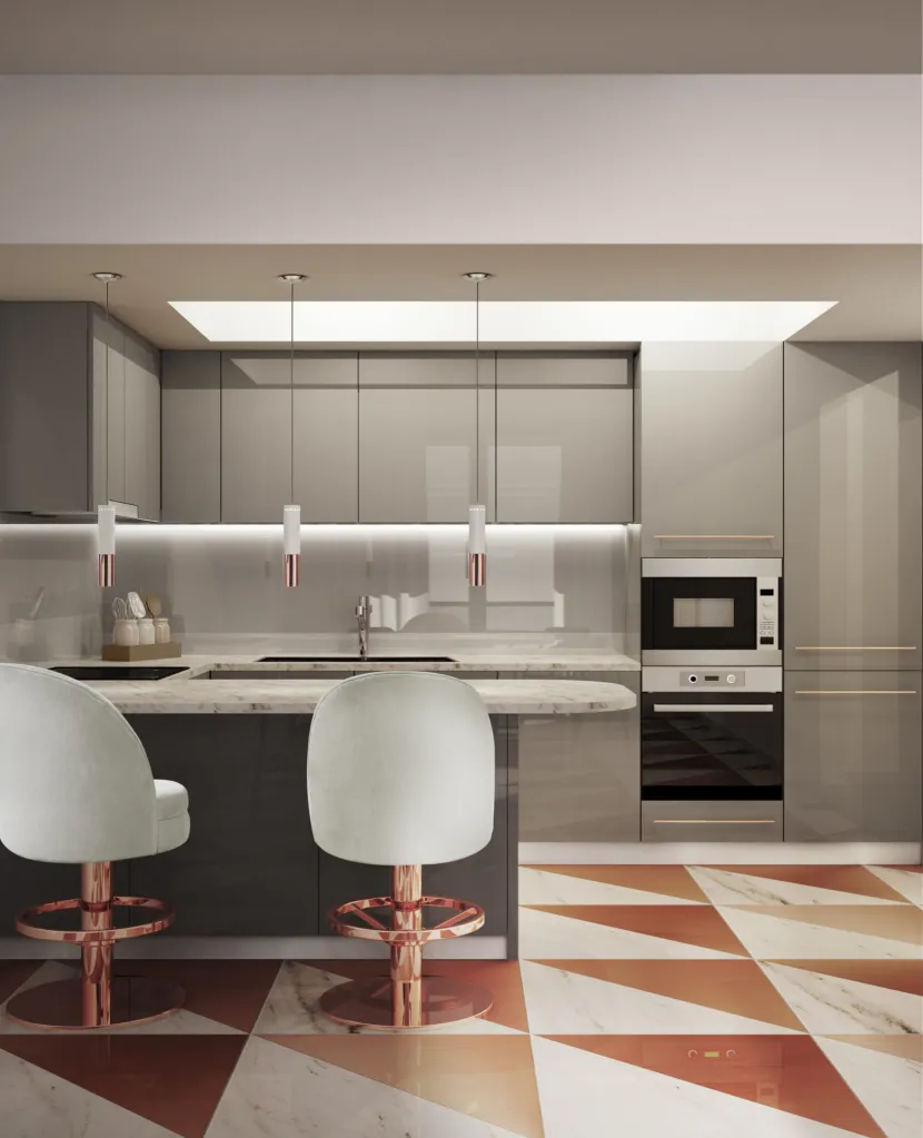 DelightFULL cucina moderna con schema di colore in grigio e rosso