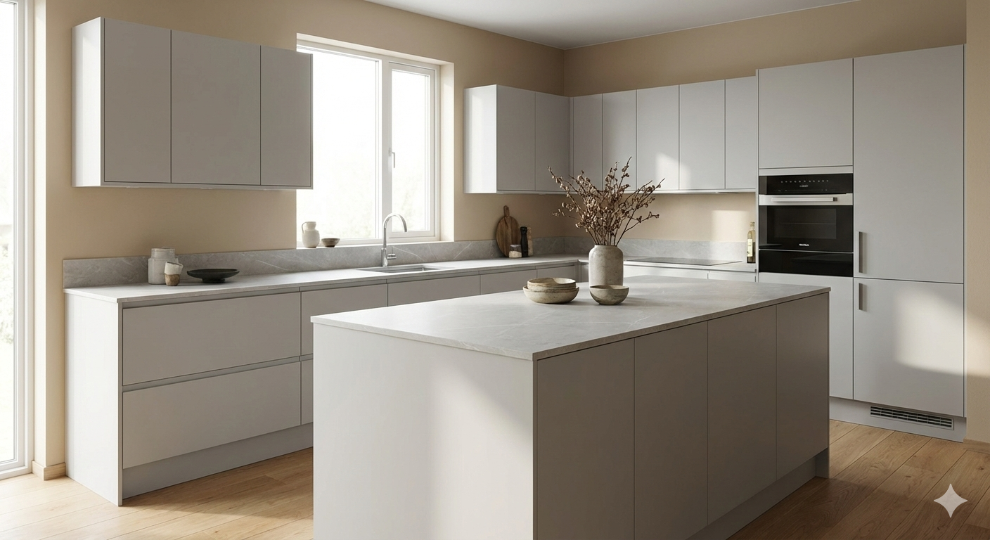cucina con isola bianca e con pareti in colori neutri
