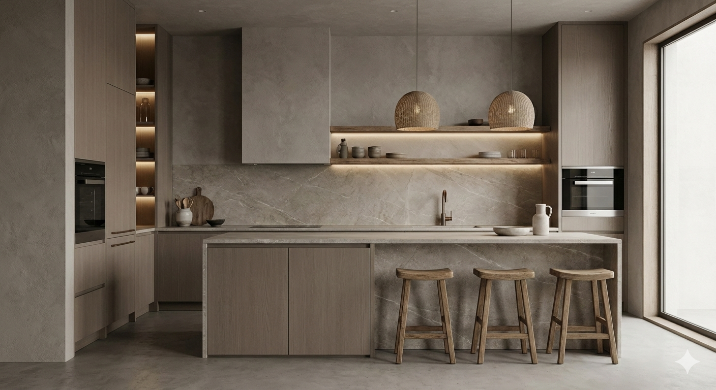 cucina con penisola, in finitura grigia con mensole e dettagli in legno