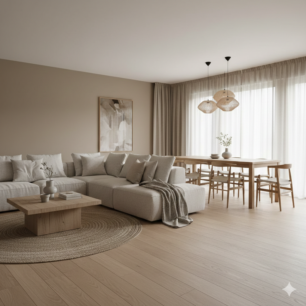 soggiorno e zona pranzo in stile nordico e minimal, colori neutri su arredi e pareti, divano ad L chiaro e tavolo da pranzo in legno di rovere
