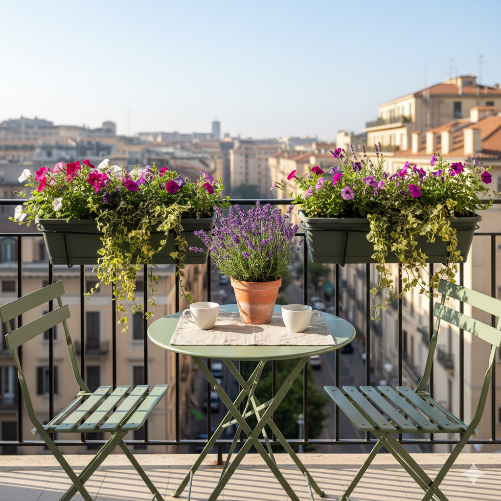 piccolo balcone con tavolino e piante