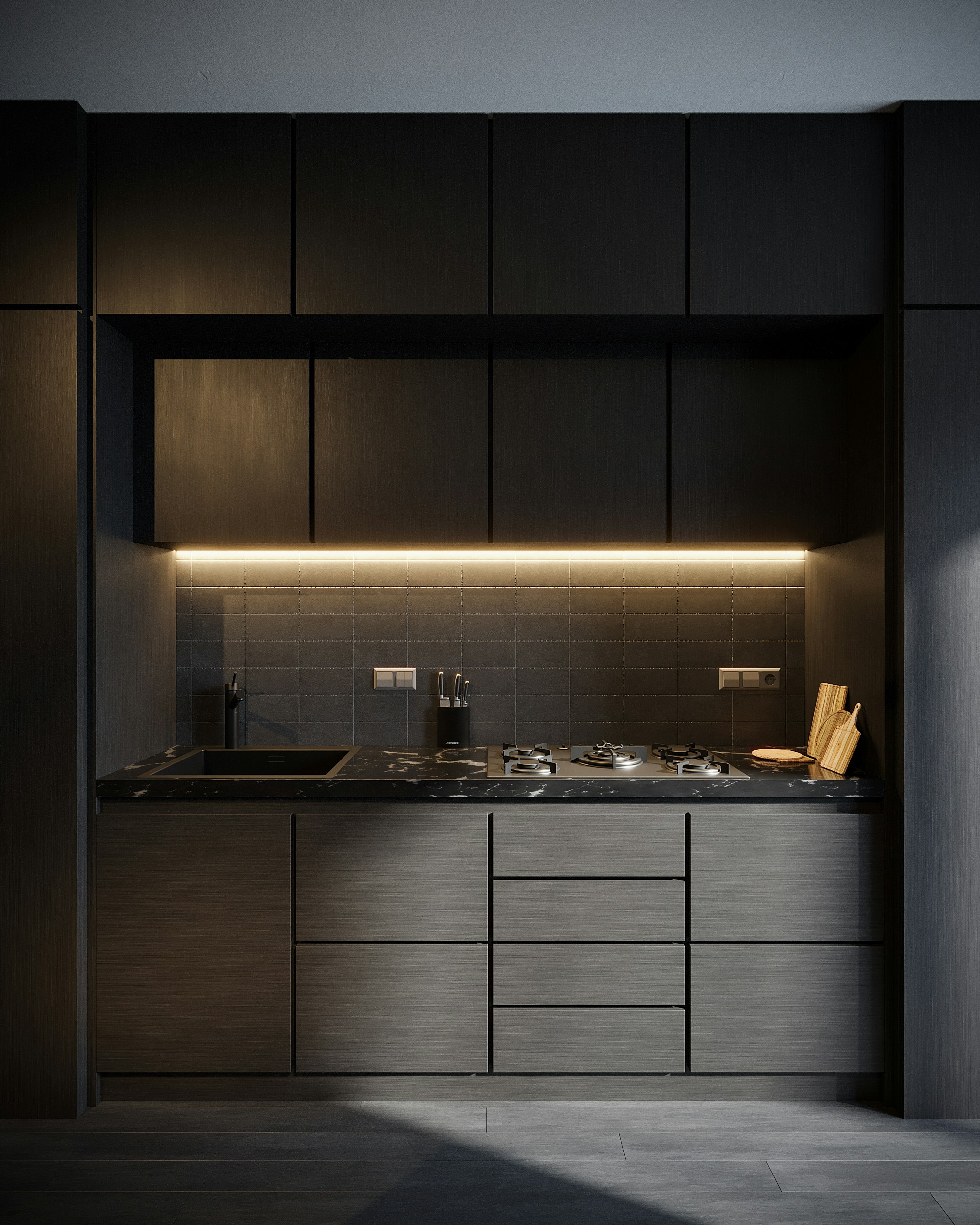 cucina contemporanea nera con doppi pensili