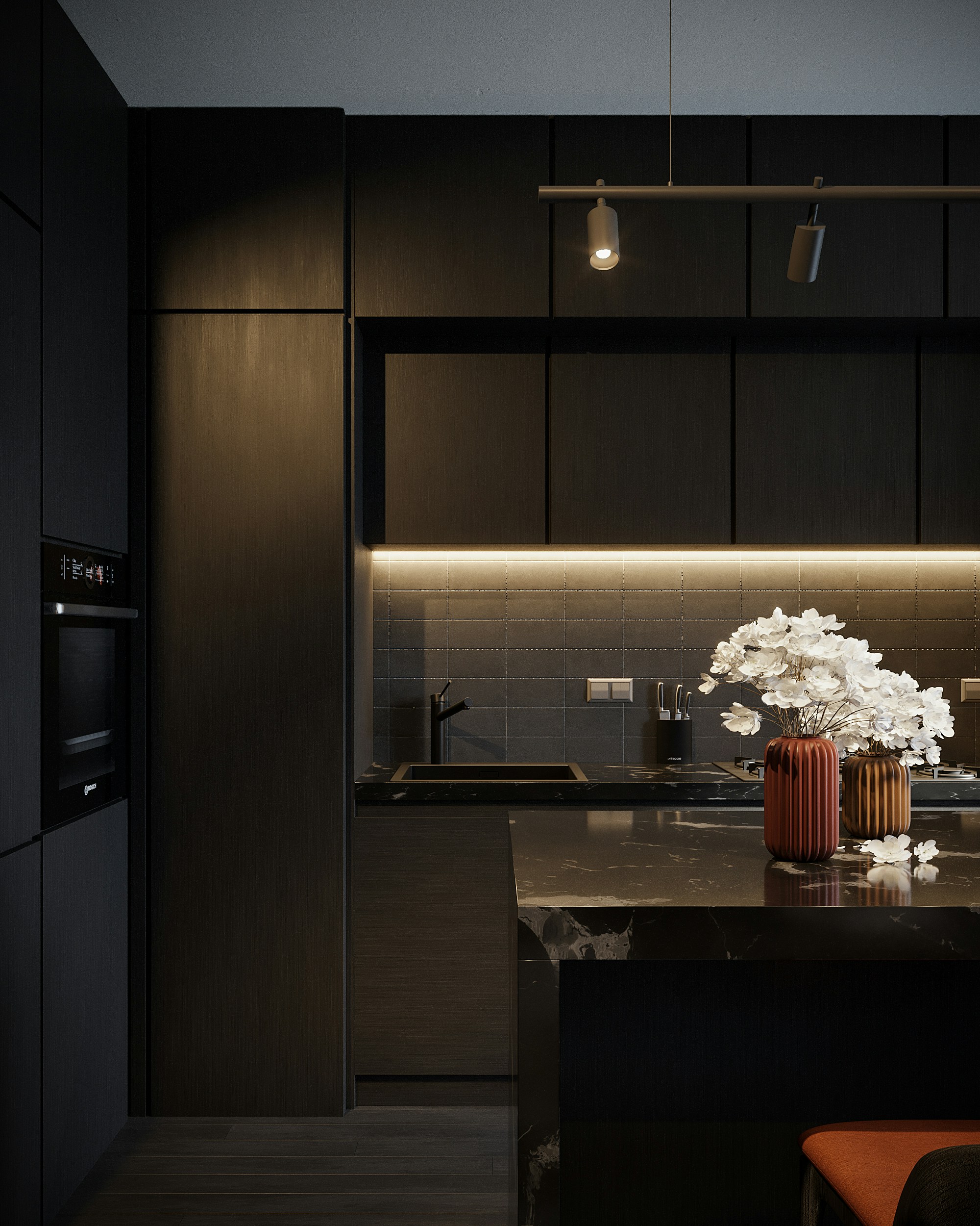 cucina contemporanea nera con doppi pensili