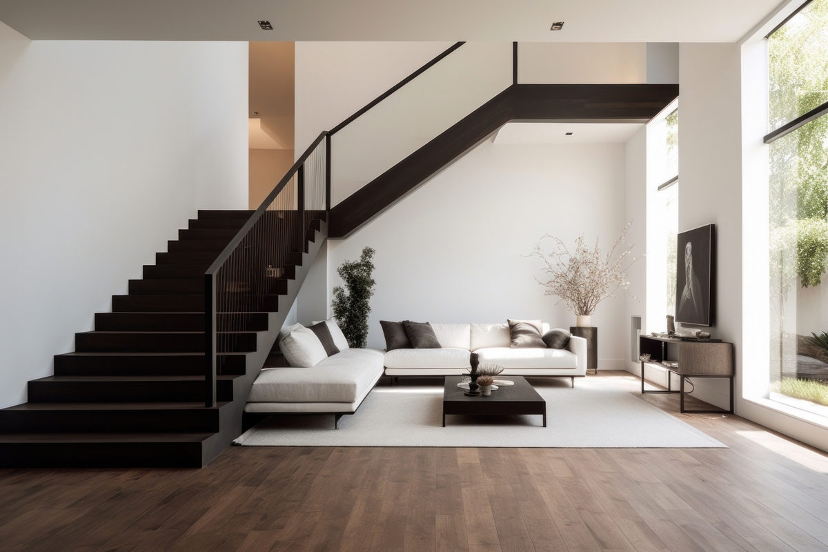 Un soggiorno bianco con scale in legno scuro che conducono al secondo piano dall'altra parte della stanza, arredamento architettonico, scala.