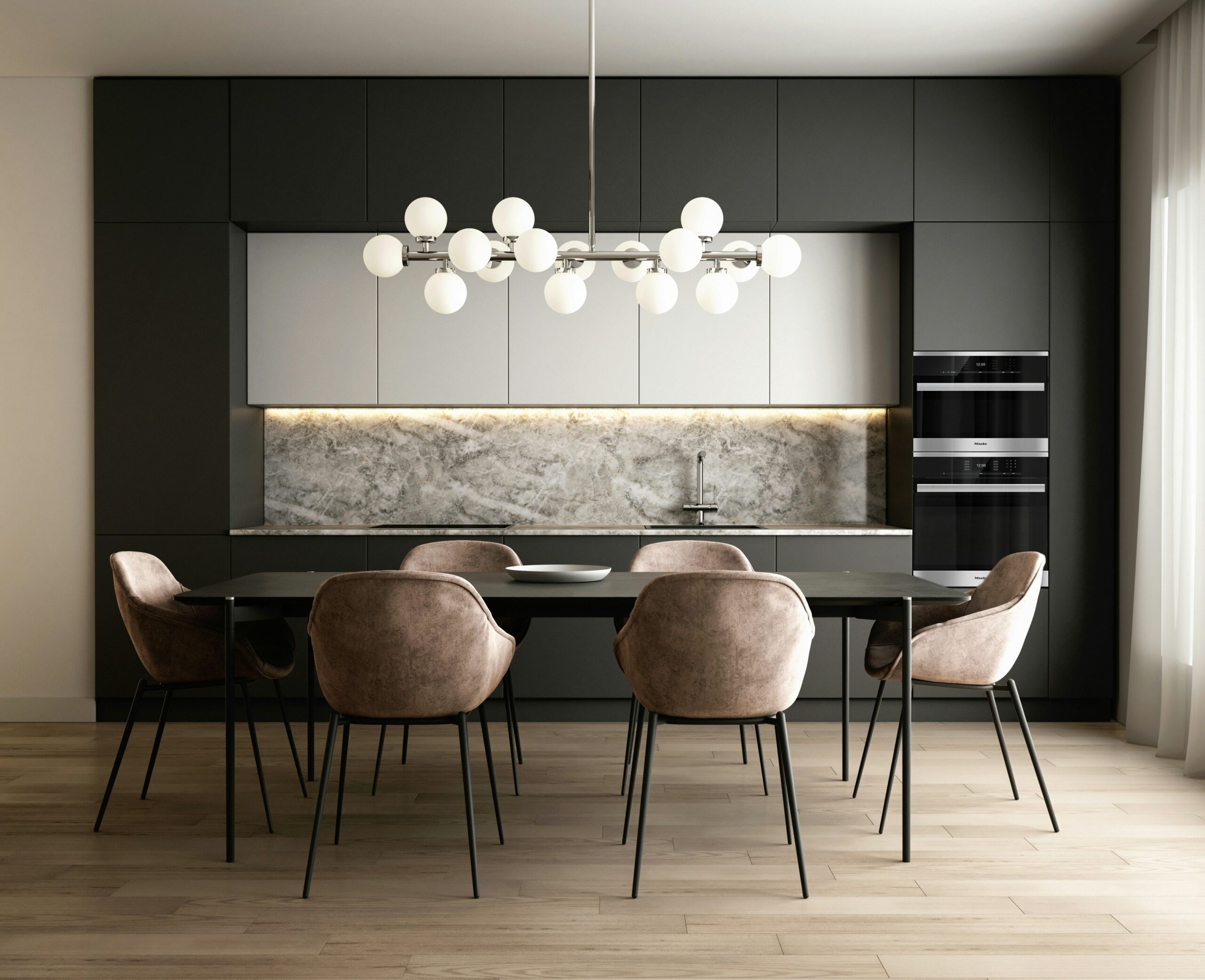 cucina contemporanea nera con doppi pensili