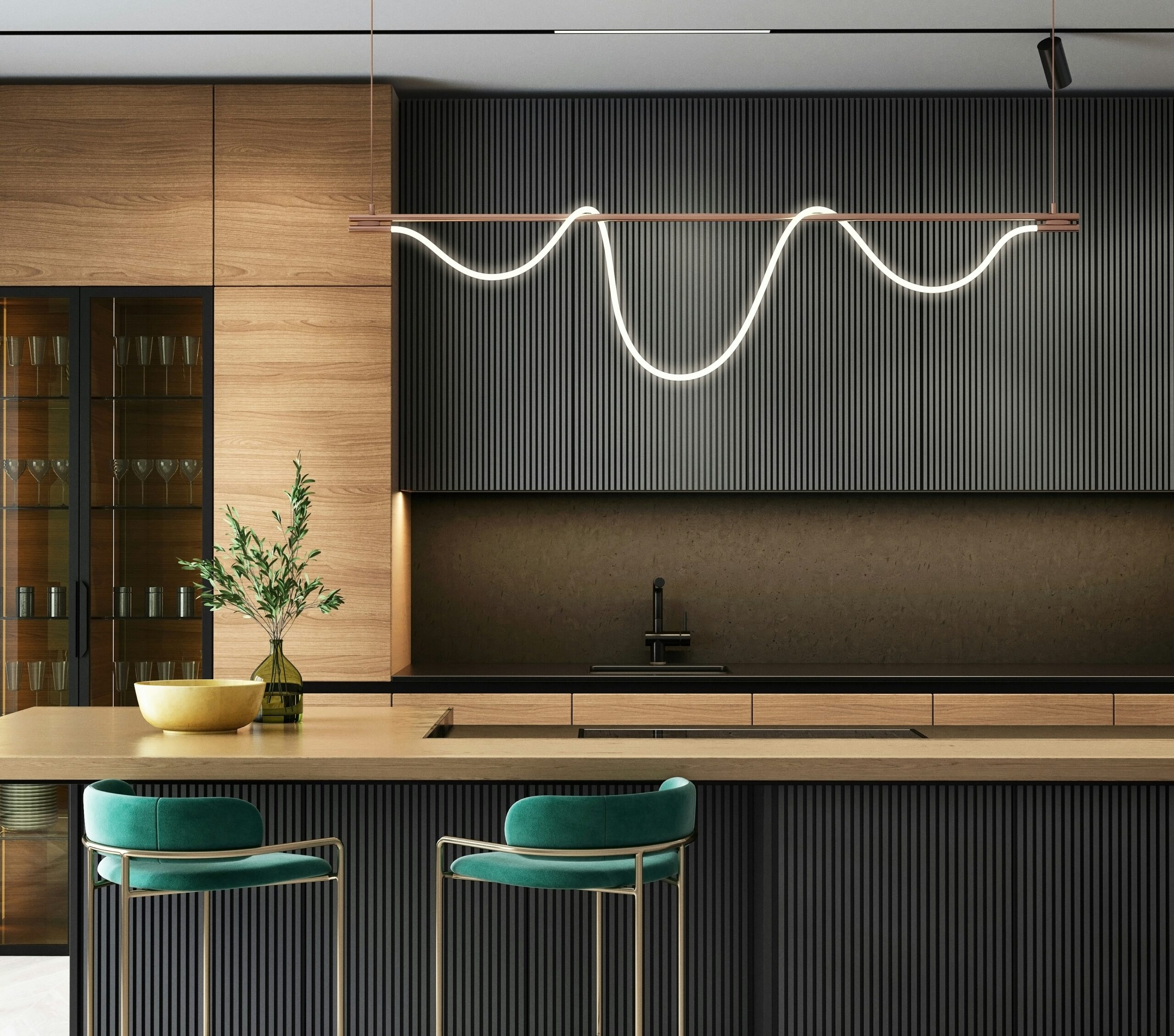 cucina contemporanea nera con doppi pensili