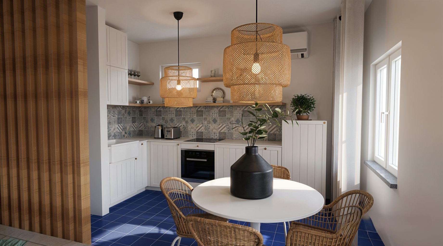 cucina e sala da pranzo in casa al mare nei toni nel bianco e del blu