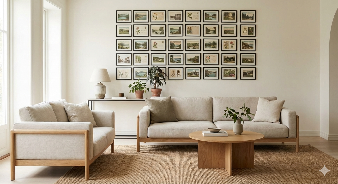 soggiorno scandi con parete galleria