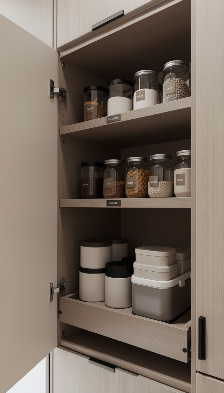 organizzare pensili e basi cucina con cestini estraibili, tupperware e contenitori in plastica