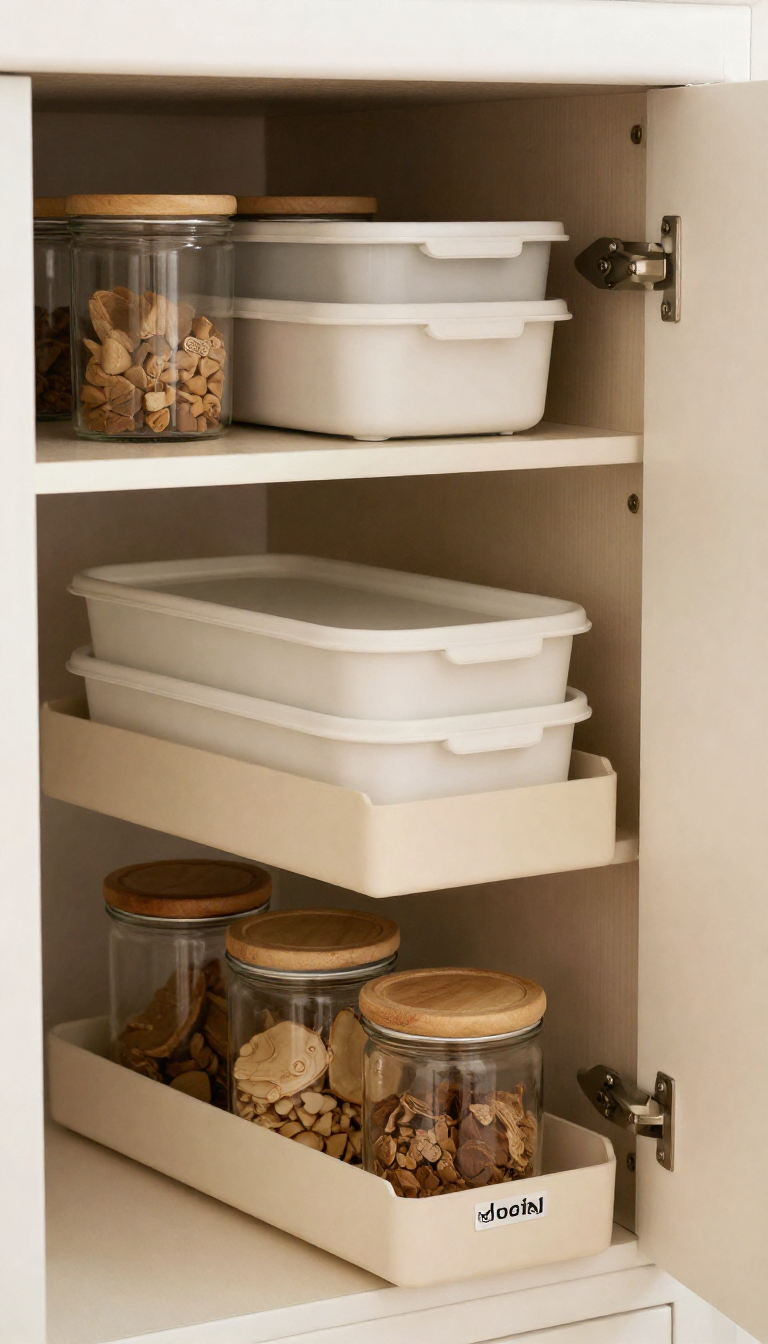 organizzare pensili e basi cucina con cestini estraibili, tupperware e contenitori in plastica