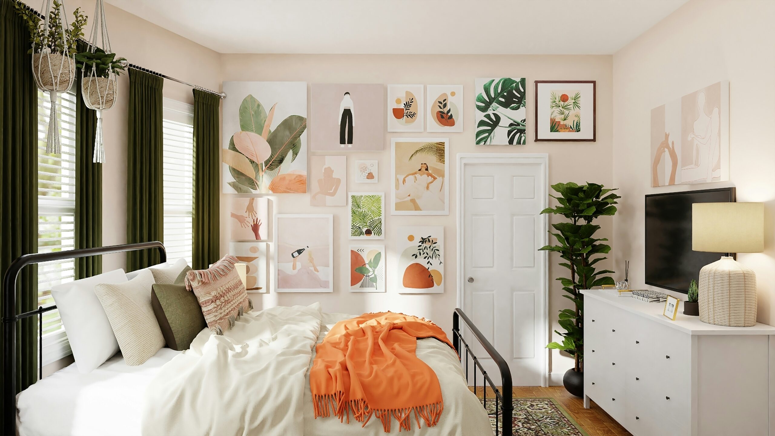 camera da letto con parete rosa pastello e complementi in tonalità verde e rosa