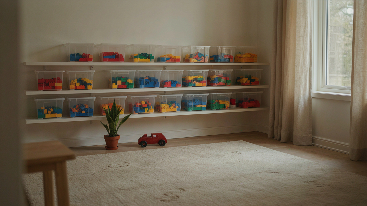 Collezione di Lego esposta su scaffalature aperte in cameretta